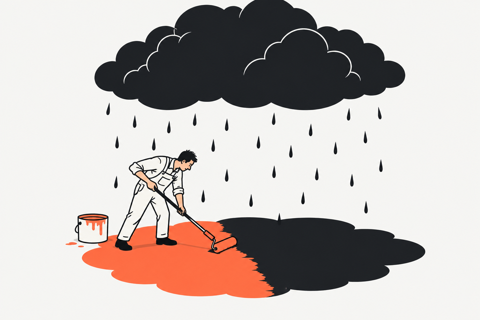 A painter rolls orange paint over a storm cloud’s dark shadow while rain continues to fall.